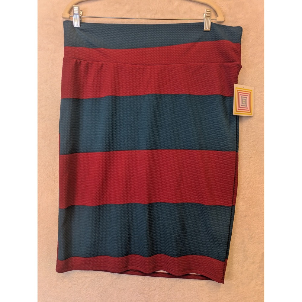 LuLaRoe Cassie Pencil Skirt 2XL New Burgundy Teal Striped Textured Knit Womens